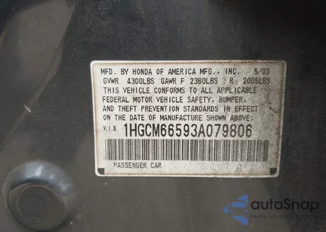 2003 Honda Accord 3.0 Ex из США, поврежденный, VIN 1HGCM66593A079806